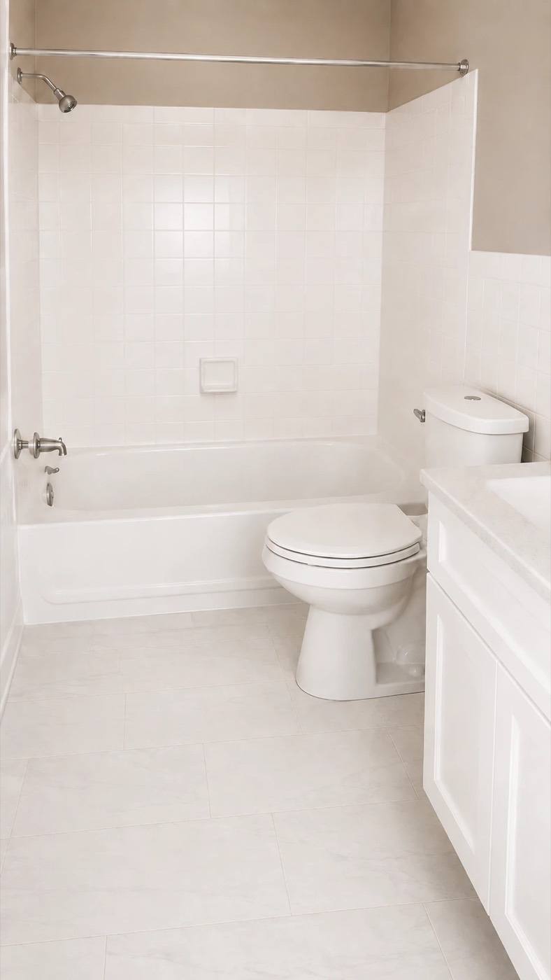 A renovated bathroom with a white tub surround and tile floor