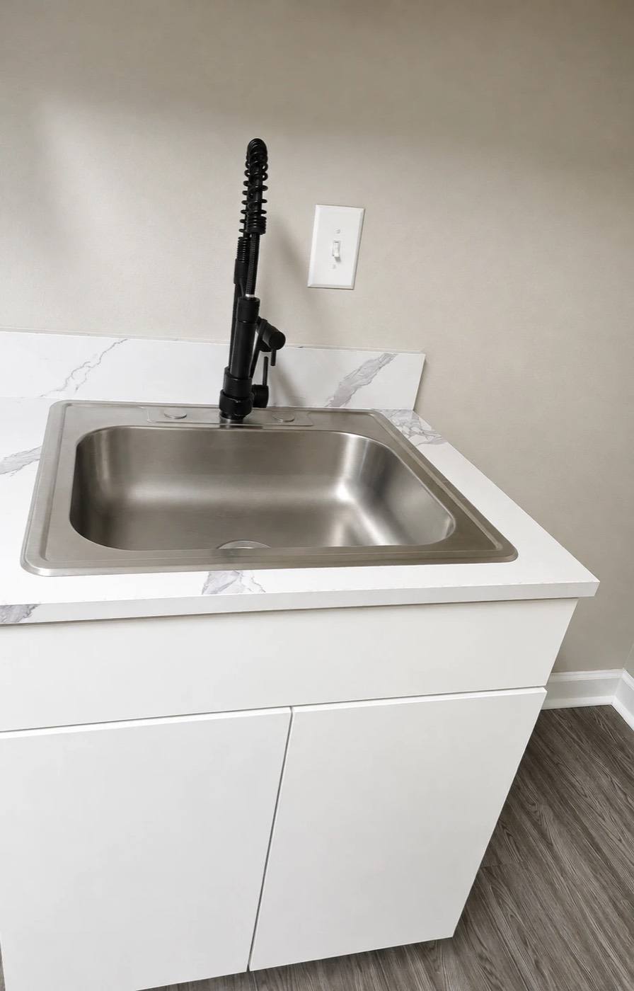 A stainless sink with a black gooseneck faucet