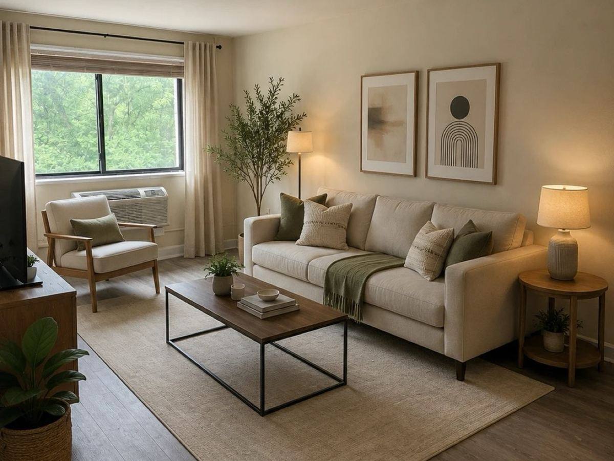 A virtually staged studio living space